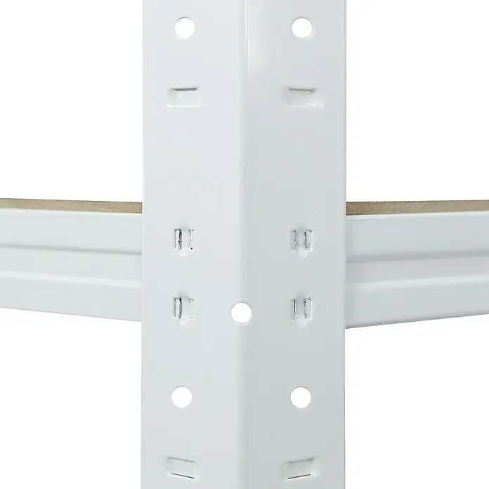 shelfplaza Schwerlastregal HOME - H x B x T: 200 x 70 x 40 cm, Traglast pro Boden: 175 kg, Stecken, weiß - Nahaufnahme eines weißen Metallregals mit Löchern zur einfachen Montage und Anpassung der Regalböden.