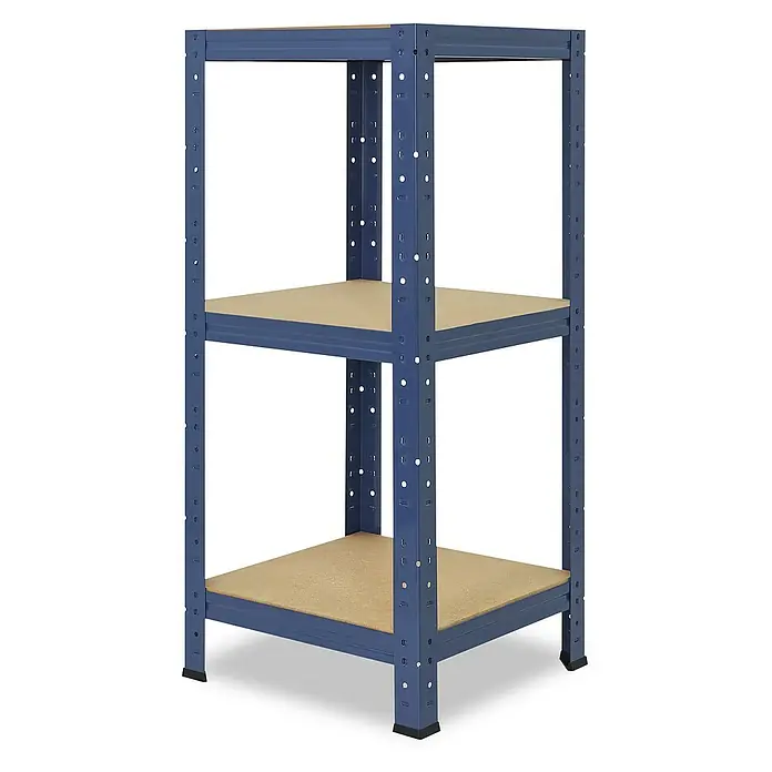 shelfplaza Schwerlastregal HOME - H x B x T: 90 x 50 x 50 cm, Traglast pro Boden: 175 kg, Stecken, blau - Ein blaues Metallregal mit zwei Regalböden aus Holzwerkstoff, ideal für Lagerung und Organisation in Garage oder Keller.