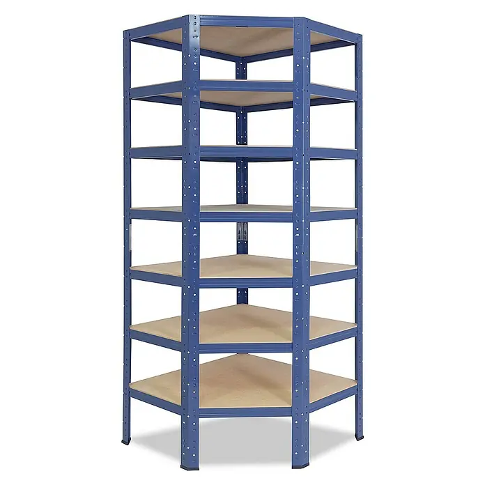 shelfplaza Schwerlastregal HOME - H x B x T: 230 x 70 x 40 cm, Traglast pro Boden: 175 kg, Stecken, blau - Blaues Eckregal mit sechs Holzböden für optimale Raumnutzung. Ideal für Lagerung und Ordnung in Ecken.