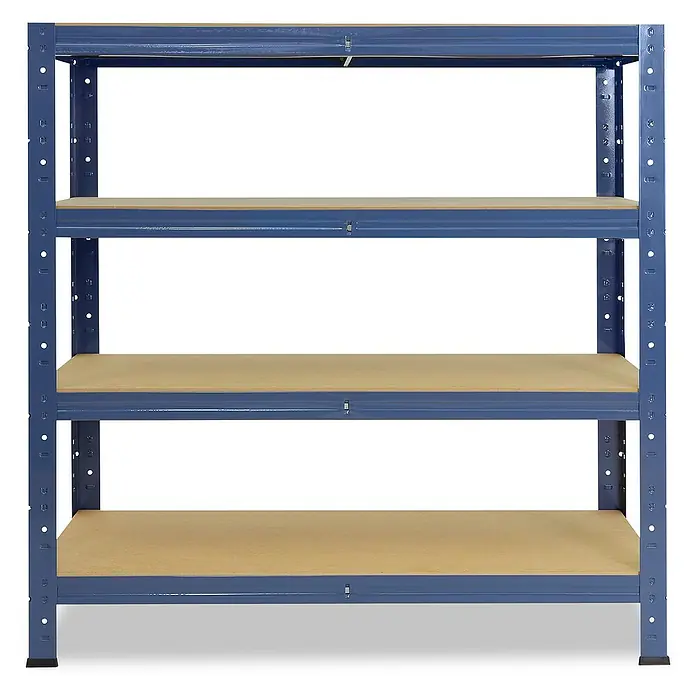 shelfplaza Schwerlastregal HOME - H x B x T: 100 x 90 x 40 cm, Traglast pro Boden: 175 kg, Stecken, blau - Ein blaues Metallregal mit drei Holzregalböden, ideal für Lagerung und Organisation in Werkstatt oder Garage.