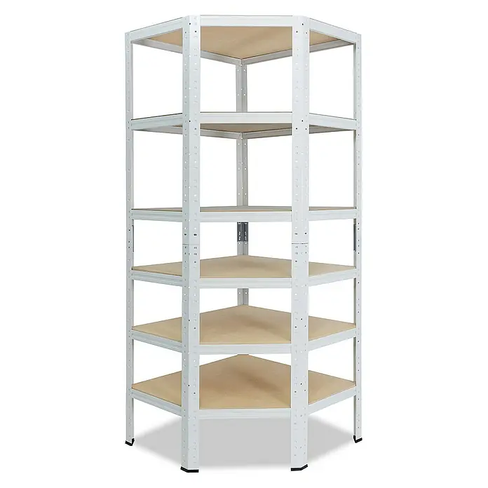 shelfplaza Schwerlastregal HOME - H x B x T: 230 x 70 x 45 cm, Traglast pro Boden: 175 kg, Stecken, weiß - Ein Eckregal mit sechs Regalböden und einem stabilen, weißen Metallrahmen. Perfekt für zusätzlichen Stauraum in jeder Ecke.