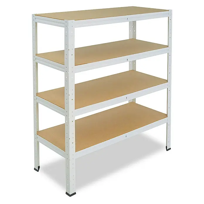 shelfplaza Schwerlastregal HOME - H x B x T: 100 x 45 x 50 cm, Traglast pro Boden: 175 kg, Stecken, weiß - Ein stabiles, weißes Metallregal mit vier Regalböden aus Holzwerkstoff für Lagerung und Ordnung.
