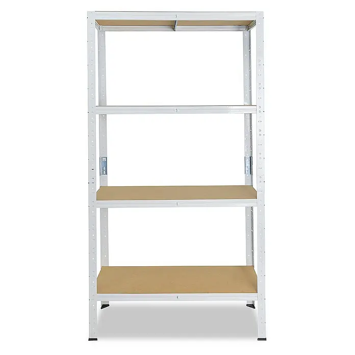 shelfplaza Schwerlastregal HOME - H x B x T: 155 x 75 x 45 cm, Traglast pro Boden: 175 kg, Stecken, weiß - Bild eines weißen Metallregals mit vier Ablagen.