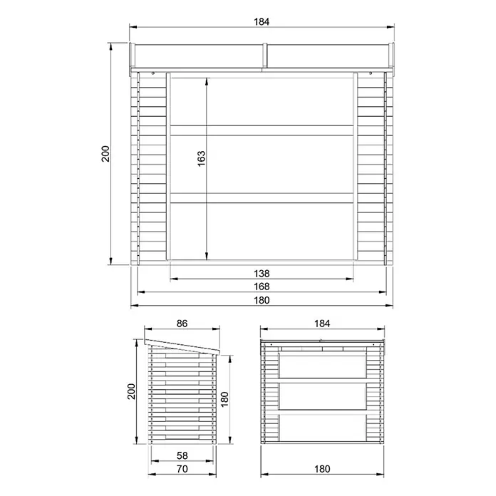 Timbela Kaminholzregal M201 - 70 x 70 x 200 cm, Holz, Natur - Abbildung der Gartenhütte mit Maßangaben.
