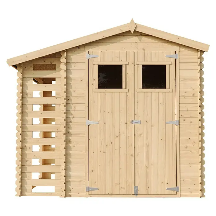 Timbela Gerätehaus M386+M386G - Außenmaß inkl. Dachüberstand (B x T): 272 x 206 cm, Holz, Natur, Mit Fußboden - Abbildung eines Holzgartenschuppens mit Doppeltür und kleinen Fenstern. Ideal für die Aufbewahrung von Gartengeräten.