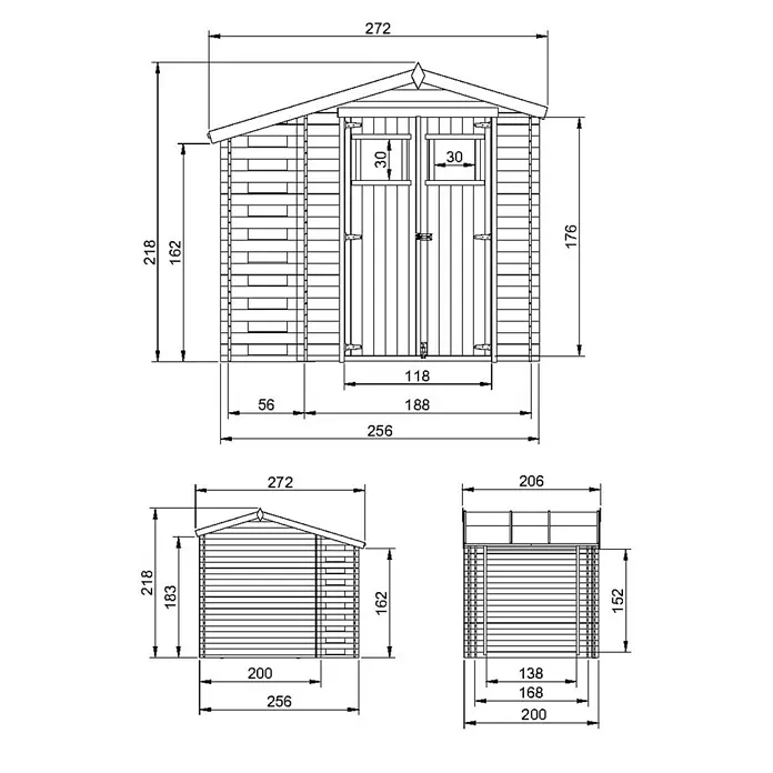 Timbela Gerätehaus M386+M386G - Außenmaß inkl. Dachüberstand (B x T): 272 x 206 cm, Holz, Natur, Mit Fußboden - Technische Zeichnung eines Holzschuppens mit detaillierten Maßangaben, die die Abmessungen und Designmerkmale des Produkts hervorheben.