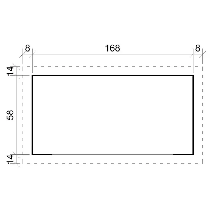 Timbela Kaminholzregal M201 - 70 x 70 x 200 cm, Holz, Natur - Schematische Darstellung eines Rechtecks mit den Maßen 168 x 58 mm und umgebenden Abständen von 8 und 14 mm. Detailgenaue Produktillustration.