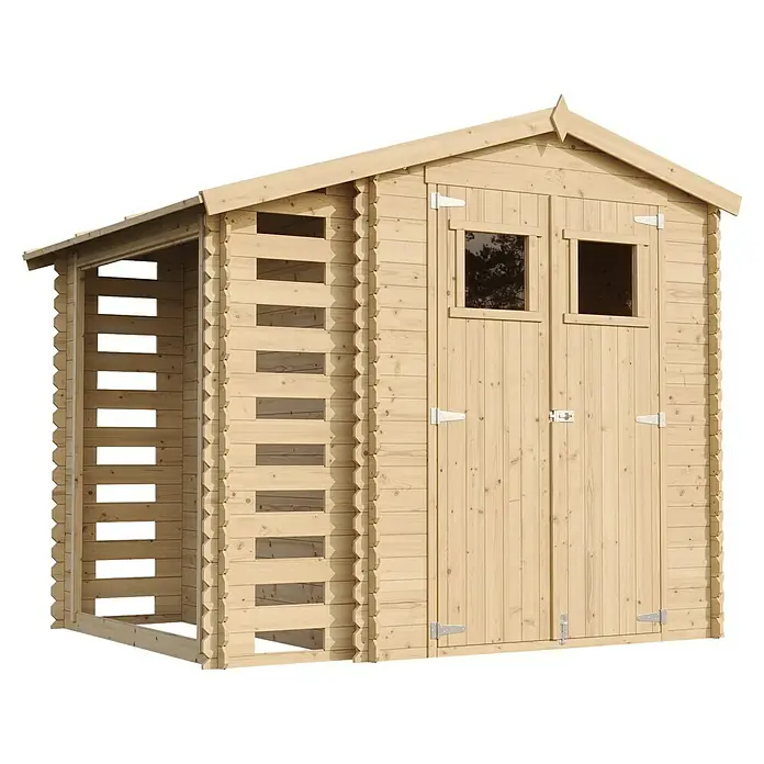 Timbela Gerätehaus M386+M386G - Außenmaß inkl. Dachüberstand (B x T): 272 x 206 cm, Holz, Natur, Mit Fußboden - Holzgartenhaus mit Doppeltür und Fenster für Geräte und Gartenzubehör, ideal zur Aufbewahrung und Organisation im Freien.