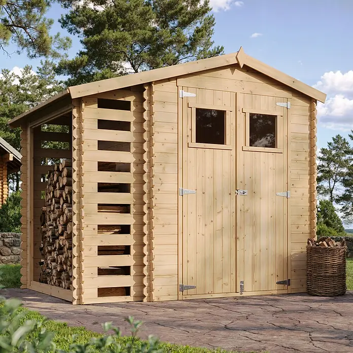 Timbela Gerätehaus M386+M386G - Außenmaß inkl. Dachüberstand (B x T): 272 x 206 cm, Holz, Natur, Mit Fußboden - Holzschuppen mit Holzlagerbereich und Doppeltür. Ideal für Garten und zur Aufbewahrung von Brennholz. Das helle Holz fügt sich gut in die Umgebung ein.
