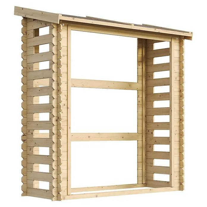 Timbela Kaminholzregal M201 - 70 x 70 x 200 cm, Holz, Natur - Ein robustes Holzlager mit offenen Seiten zur idealen Lagerung von Brennholz und Schutz vor Witterungseinflüssen.