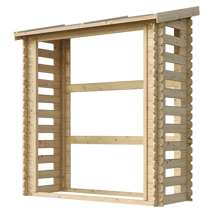 Timbela Kaminholzregal M201 - 70 x 70 x 200 cm, Holz, Natur - Offene Holzlagerstruktur aus hellem Holz mit Dach, ideal für die Lagerung von Brennholz im Freien.