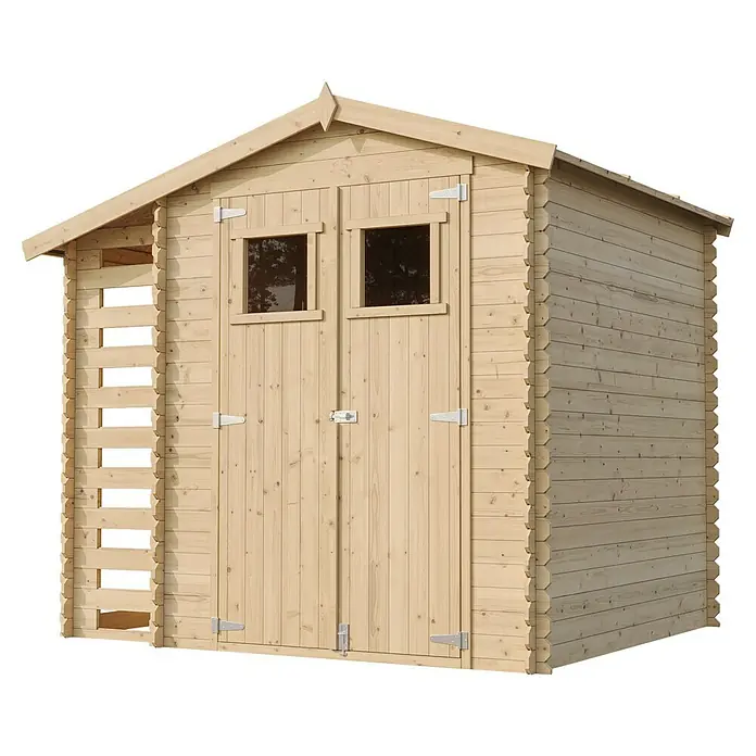 Timbela Gerätehaus M386+M386G - Außenmaß inkl. Dachüberstand (B x T): 272 x 206 cm, Holz, Natur, Mit Fußboden - Ein helles Holzgartenhaus mit Doppeltüren und kleinen Fenstern, ideal für die Gartenaufbewahrung. Es bietet Raum und Schutz.