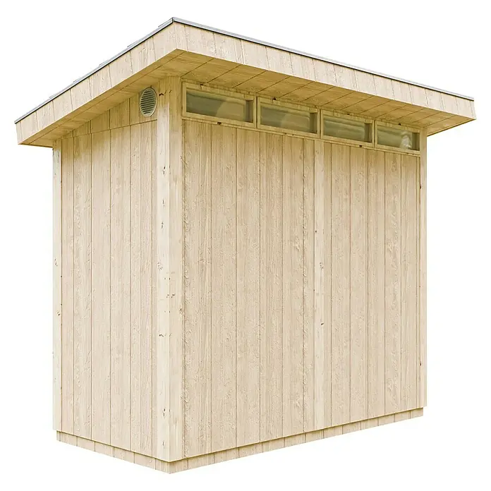 Timbela Gerätehaus M901 - Außenmaß inkl. Dachüberstand (B x T): 294 x 161 cm, Holz, Natur, Einzeltür - Außenansicht eines Holzschuppens mit Oberlichtern und Lüftung, ideal für Garten oder Werkstatt.