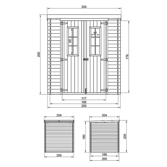 Timbela Gerätehaus M309C+M309G - Außenmaß inkl. Dachüberstand (B x T): 204 x 204 cm, Holz, Natur, Mit Fußboden - Abbildung einer Gartenhütte mit detaillierten Maßangaben, die die Abmessungen und Konstruktionsdetails der Hütte zeigen.