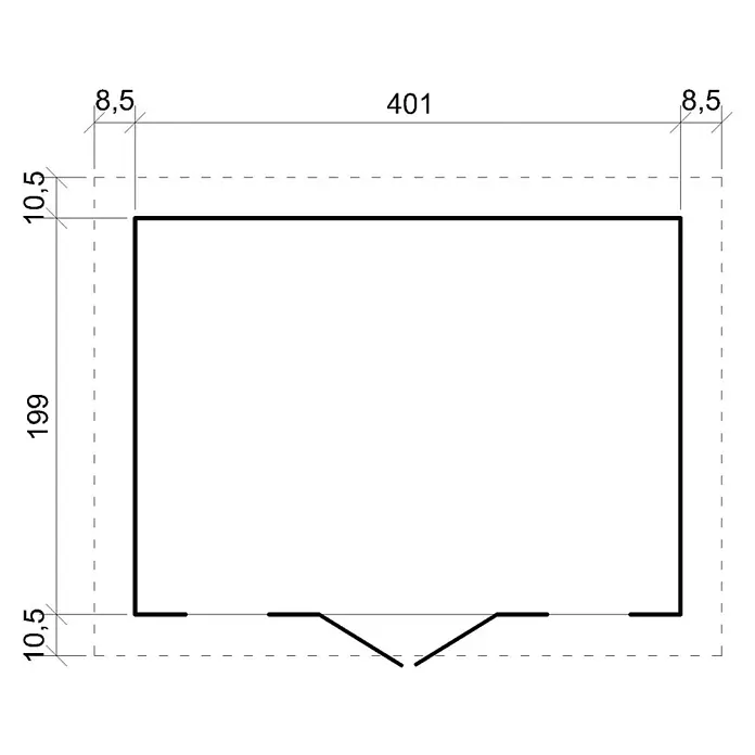 Timbela Gerätehaus M332+M332G - Außenmaß inkl. Dachüberstand (B x T): 418 x 220 cm, Holz, Natur, Mit Fußboden - Schematische Darstellung eines Hauses mit den Maßen 401 x 199 cm, inklusive Dachüberstand von 8,5 cm an den Seiten und 10,5 cm oben und unten.