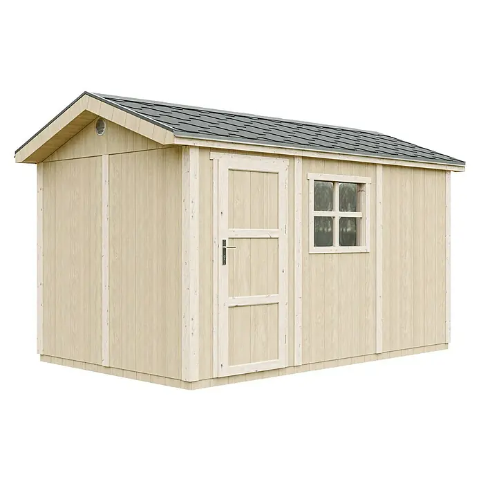 Timbela Gerätehaus M914 - Außenmaß inkl. Dachüberstand (B x T): 412 x 250 cm, Holz, Natur, Einzeltür - Ein helles Holzgartenhaus mit einem Fenster und einer Tür, ideal für die Aufbewahrung von Gartengeräten und mehr.