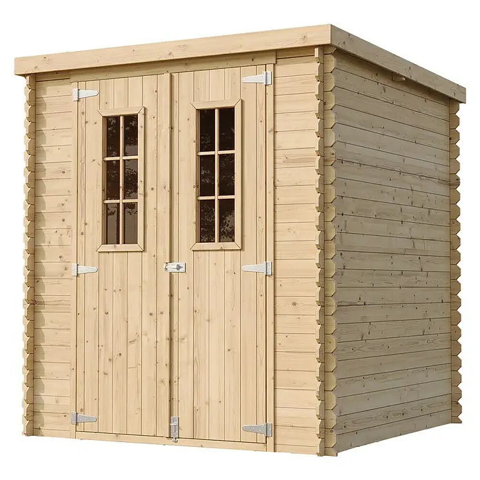 Timbela Gerätehaus M309C+M309G - Außenmaß inkl. Dachüberstand (B x T): 204 x 204 cm, Holz, Natur, Mit Fußboden - Ein geräumiges Gartenhaus aus hellem Holz mit Doppeltür und Fenstern, ideal für die Aufbewahrung von Gartengeräten.