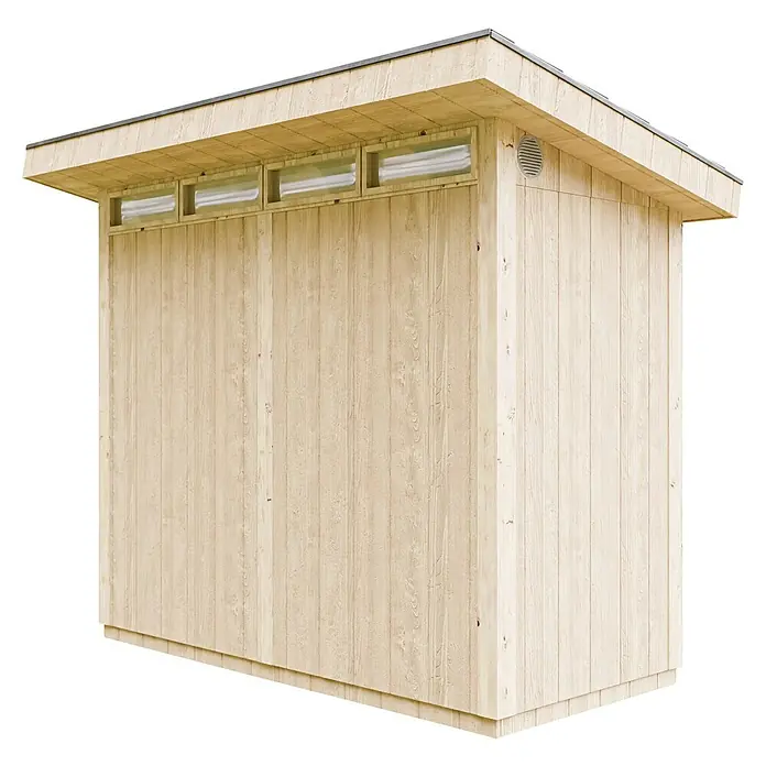 Timbela Gerätehaus M901 - Außenmaß inkl. Dachüberstand (B x T): 294 x 161 cm, Holz, Natur, Einzeltür - Holzgebäude mit Flachdach und kleinen Fenstern unter dem Dach. Die Holzverkleidung ist hell und natürlich gehalten, mit leichtem Holzmaserungsmuster.