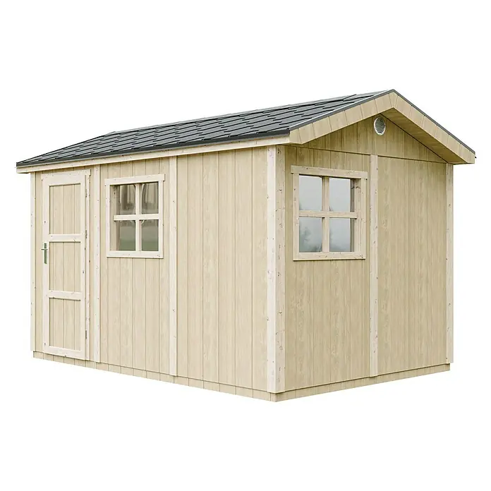 Timbela Gerätehaus M914 - Außenmaß inkl. Dachüberstand (B x T): 412 x 250 cm, Holz, Natur, Einzeltür - Außenansicht eines Holzgartenhauses mit Fenster und Tür. Ideal für die Gartenaufbewahrung.