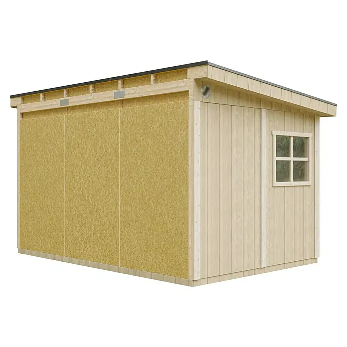 Timbela Gerätehaus M939B - Außenmaß inkl. Dachüberstand (B x T): 248 x 412 cm, Holz, Natur - Außenansicht eines Holzschuppens mit Paneelwänden und einem kleinen Fenster, ideal für die Gartenaufbewahrung.