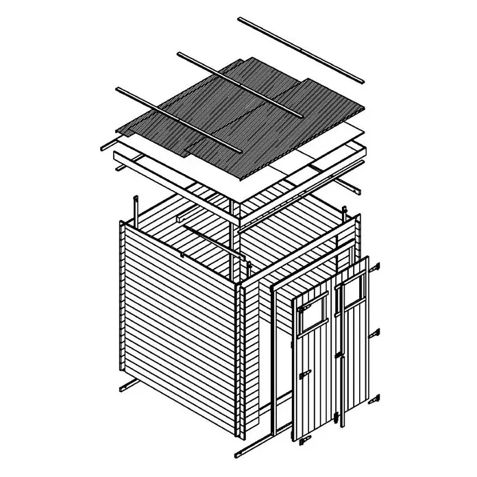 Timbela Gerätehaus M309+M309G - Außenmaß inkl. Dachüberstand (B x T): 204 x 204 cm, Holz, Natur, Mit Fußboden - Explodierte Ansicht eines Gartenhauses, die die Konstruktionsdetails und die Anordnung der einzelnen Bauteile zeigt.