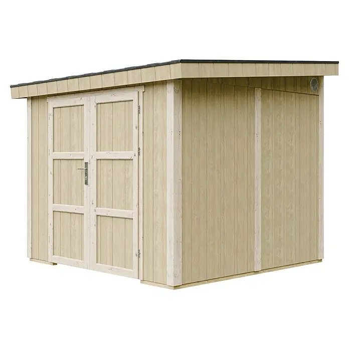 Timbela Gerätehaus M938B - Außenmaß inkl. Dachüberstand (B x T): 248 x 294 cm, Holz, Natur - Außenaufnahme eines Holzschuppens mit Doppeltüren und einem schrägen Dach, ideal zur Aufbewahrung von Gartengeräten und Werkzeugen im Freien.