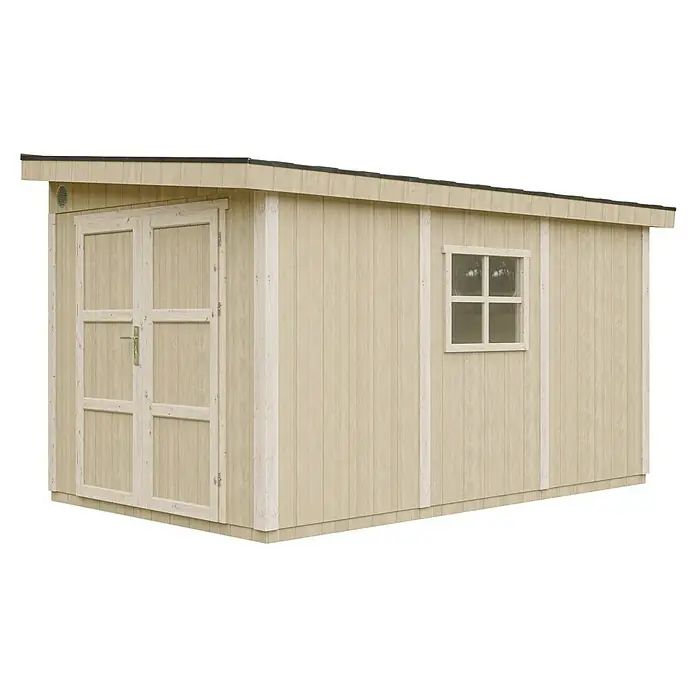 Timbela Gerätehaus M939B - Außenmaß inkl. Dachüberstand (B x T): 248 x 412 cm, Holz, Natur - Außenaufnahme eines hellbeige gestrichenen Holzschuppens mit Doppeltür und kleinem Fenster an der Seite mit Holzrahmen.