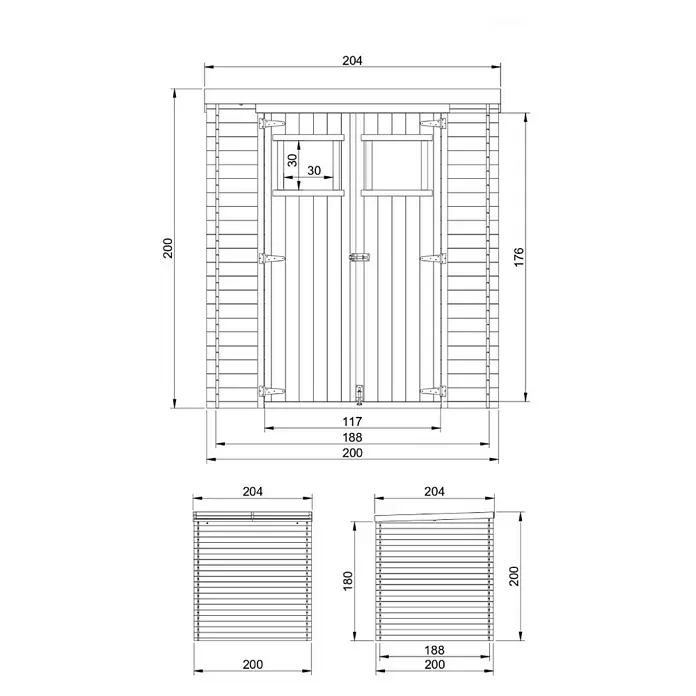 Timbela Gerätehaus M309+M309G - Außenmaß inkl. Dachüberstand (B x T): 204 x 204 cm, Holz, Natur, Mit Fußboden - Technische Zeichnung eines Gerätehauses mit den Maßen 200x204x200 cm und Türdetails.