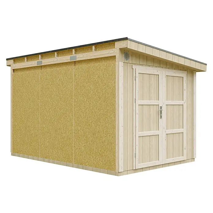 Timbela Gerätehaus M939B - Außenmaß inkl. Dachüberstand (B x T): 248 x 412 cm, Holz, Natur - Ein Holzschuppen mit Doppeltür und einem flachen, geneigten Dach, ideal für die Gartenaufbewahrung. Die Seitenwände sind mit Holzwerkstoffplatten verkleidet.