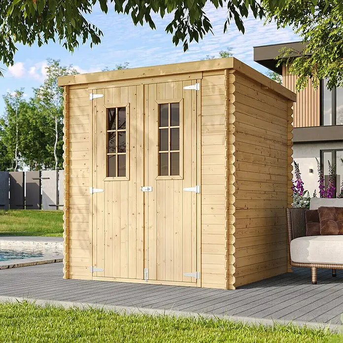 Timbela Gerätehaus M309C+M309G - Außenmaß inkl. Dachüberstand (B x T): 204 x 204 cm, Holz, Natur, Mit Fußboden - Ein geräumiges Gartenhaus aus Holz mit Doppeltür und Fenstern, ideal zur Aufbewahrung von Gartengeräten und Werkzeugen.