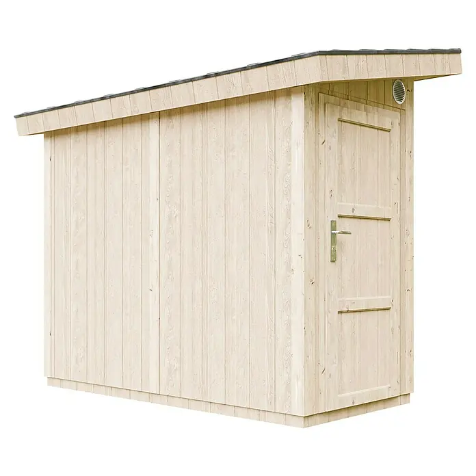 Timbela Gerätehaus M901 - Außenmaß inkl. Dachüberstand (B x T): 294 x 161 cm, Holz, Natur, Einzeltür - Holzlager: Ein helles Holzlager mit einer Tür und einem schrägen Dach bietet praktischen Stauraum im Außenbereich.