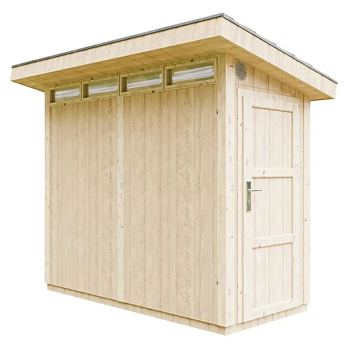 Timbela Gerätehaus M901 - Außenmaß inkl. Dachüberstand (B x T): 294 x 161 cm, Holz, Natur, Einzeltür - Ein Holzgartenhaus mit einem kleinen Fenster, das für mehr Tageslicht sorgt. Dieses Gartenhaus bietet Stauraum und schützt vor Witterungseinflüssen.