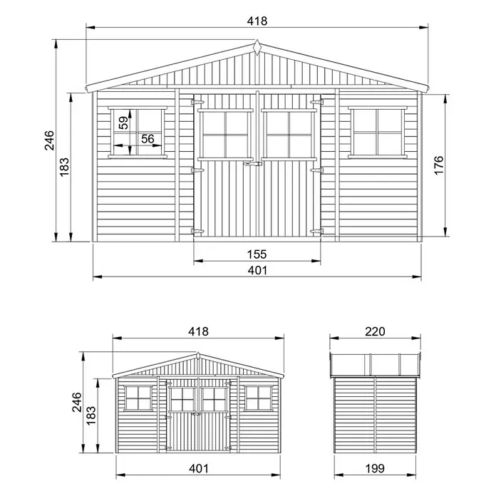 Timbela Gerätehaus M332+M332G - Außenmaß inkl. Dachüberstand (B x T): 418 x 220 cm, Holz, Natur, Mit Fußboden - Technische Zeichnung eines Gerätehauses mit Maßangaben zu Breite, Höhe und Tiefe.