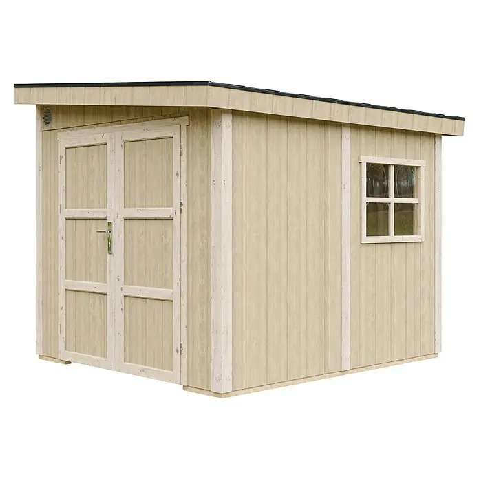 Timbela Gerätehaus M938B - Außenmaß inkl. Dachüberstand (B x T): 248 x 294 cm, Holz, Natur - Dieses Bild zeigt ein modernes Gartenhaus mit Doppeltür und Fenster, ideal zur Aufbewahrung von Gartengeräten und mehr.