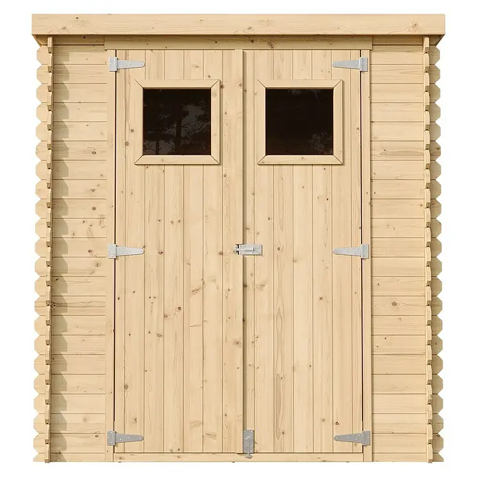 Timbela Gerätehaus M309+M309G - Außenmaß inkl. Dachüberstand (B x T): 204 x 204 cm, Holz, Natur, Mit Fußboden - Ein detailreiches Foto eines Holzschuppens mit Doppeltüren und zwei kleinen Fenstern, ideal für den Garten oder zur Aufbewahrung.