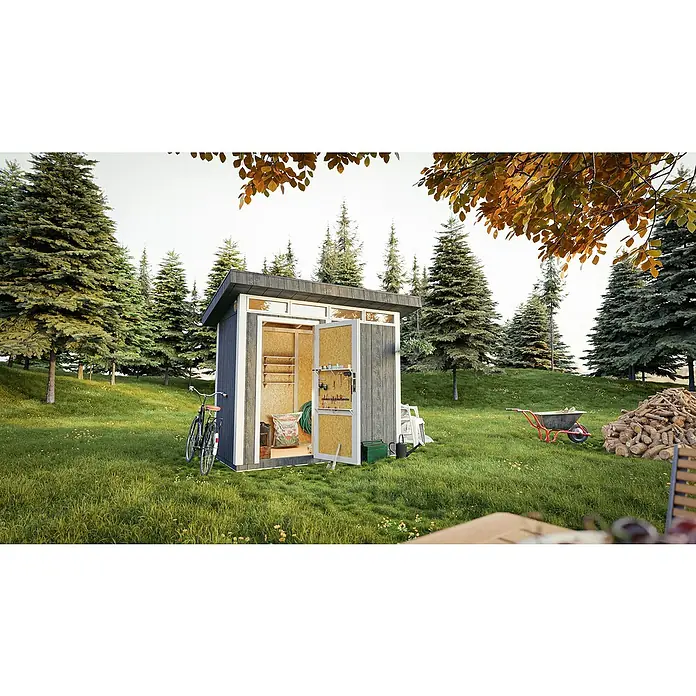 Timbela Gerätehaus M901 - Außenmaß inkl. Dachüberstand (B x T): 294 x 161 cm, Holz, Natur, Einzeltür - Gartenschuppen mit geöffneten Türen in idyllischer Landschaft. Fahrräder, Schubkarre und Holzstapel ergänzen die Szene.
