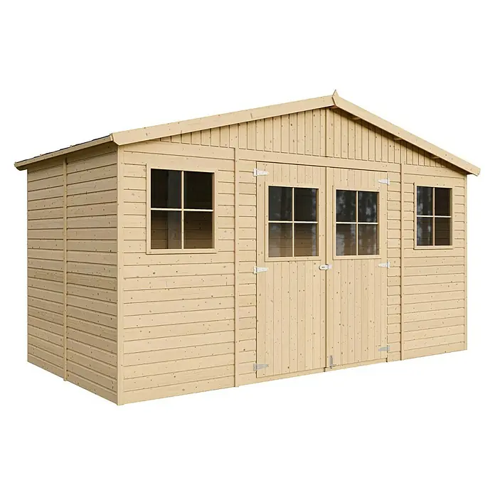 Timbela Gerätehaus M332+M332G - Außenmaß inkl. Dachüberstand (B x T): 418 x 220 cm, Holz, Natur, Mit Fußboden - Geräumiges Holzgartenhaus mit Fenstern und Doppeltür, ideal zur Aufbewahrung von Gartengeräten und Werkzeugen.