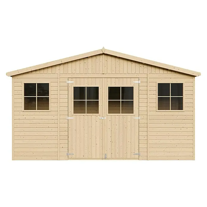 Timbela Gerätehaus M332+M332G - Außenmaß inkl. Dachüberstand (B x T): 418 x 220 cm, Holz, Natur, Mit Fußboden - Ein Holzschuppen mit Doppeltüren und Fenstern. Ideal zur Aufbewahrung von Gartengeräten. Die helle Holzstruktur verleiht eine natürliche Optik.