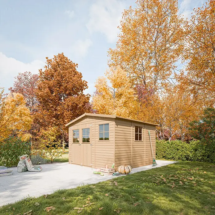 Timbela Gerätehaus M335 - Außenmaß inkl. Dachüberstand (B x T): 324 x 316 cm, Holz, Natur, Ohne Fußboden - Ein Holzgartenhaus mit Fenstern steht vor einer herbstlichen Baumkulisse. Es bietet Stauraum für Gartengeräte und mehr.