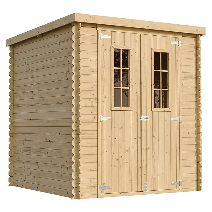 Timbela Gerätehaus M309C - Außenmaß inkl. Dachüberstand (B x T): 204 x 204 cm, Holz, Natur, Ohne Fußboden - Holzgartenhaus mit Doppeltür und Fenstern für Gartenwerkzeuge und mehr.