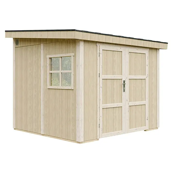 Timbela Gerätehaus M938B - Außenmaß inkl. Dachüberstand (B x T): 248 x 294 cm, Holz, Natur - Das Bild zeigt ein Holzgartenhaus mit Doppeltür und Fenster, ideal für die Aufbewahrung von Gartengeräten.