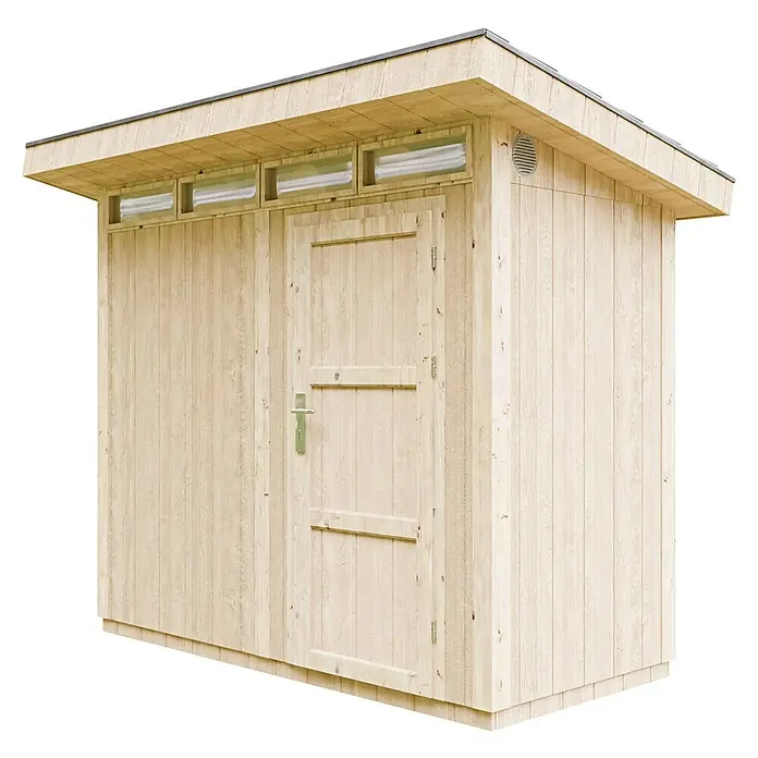Timbela Gerätehaus M901 - Außenmaß inkl. Dachüberstand (B x T): 294 x 161 cm, Holz, Natur, Einzeltür - Hölzernes Gartenhaus mit Satteldach und Fensterreihe. Praktischer Stauraum für Gartengeräte und Werkzeuge.
