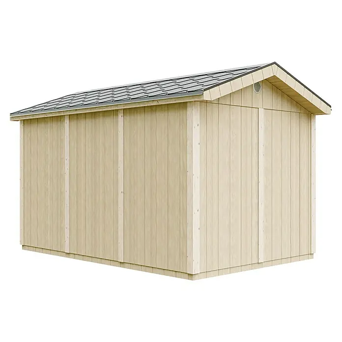 Timbela Gerätehaus M914A - Außenmaß inkl. Dachüberstand (B x T): 412 x 250 cm, Holz, Natur, Doppeltür - Außenansicht eines Holzschuppens mit geneigtem Dach und vertikalen Holzpaneelen. Der Schuppen hat eine helle Holzfarbe und ein graues Dach.