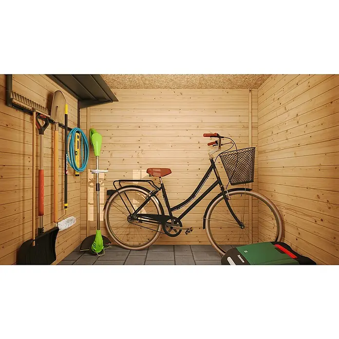 Timbela Gerätehaus M310F - Außenmaß inkl. Dachüberstand (B x T): 239 x 142 cm, Holz, Natur, Ohne Fußboden - Gerätehaus-Interieur mit Fahrrad, Rasenmäher und Gartengeräten. Praktische Aufbewahrung für den Außenbereich.