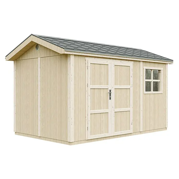 Timbela Gerätehaus M914A - Außenmaß inkl. Dachüberstand (B x T): 412 x 250 cm, Holz, Natur, Doppeltür - Helles Holzgartenhaus mit Doppeltür, kleinem Fenster und grauem Dach bietet viel Stauraum. Ideal für Werkzeug und Gartenzubehör.