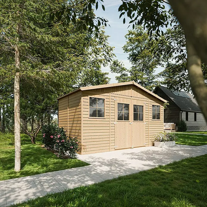 Timbela Gerätehaus M332+M332G - Außenmaß inkl. Dachüberstand (B x T): 418 x 220 cm, Holz, Natur, Mit Fußboden - Ein helles Holzgartenhaus mit Doppeltüren und Fenstern, umgeben von Grün. Ideal für Gartengeräte und mehr Stauraum im Freien.