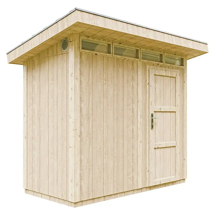 Timbela Gerätehaus M901 - Außenmaß inkl. Dachüberstand (B x T): 294 x 161 cm, Holz, Natur, Einzeltür - Helles Holzgartenhaus mit Pultdach und Tür. Ideale Aufbewahrungsmöglichkeit für Gartengeräte und Werkzeuge im Außenbereich.