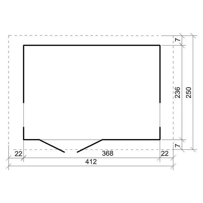 Timbela Gerätehaus M914A - Außenmaß inkl. Dachüberstand (B x T): 412 x 250 cm, Holz, Natur, Doppeltür - Technische Zeichnung eines Hausgrundrisses mit Maßangaben, die die Abmessungen und die Raumaufteilung des Hauses zeigen.