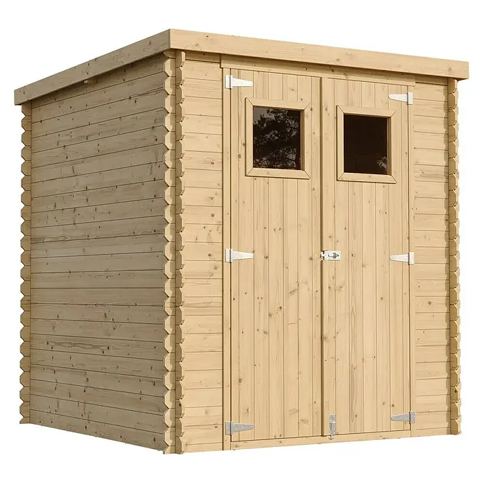 Timbela Gerätehaus M309+M309G - Außenmaß inkl. Dachüberstand (B x T): 204 x 204 cm, Holz, Natur, Mit Fußboden - Abbildung eines Gartenhauses aus Holz mit Doppeltür und Fenstern, ideal für die Aufbewahrung von Gartengeräten und -möbeln.