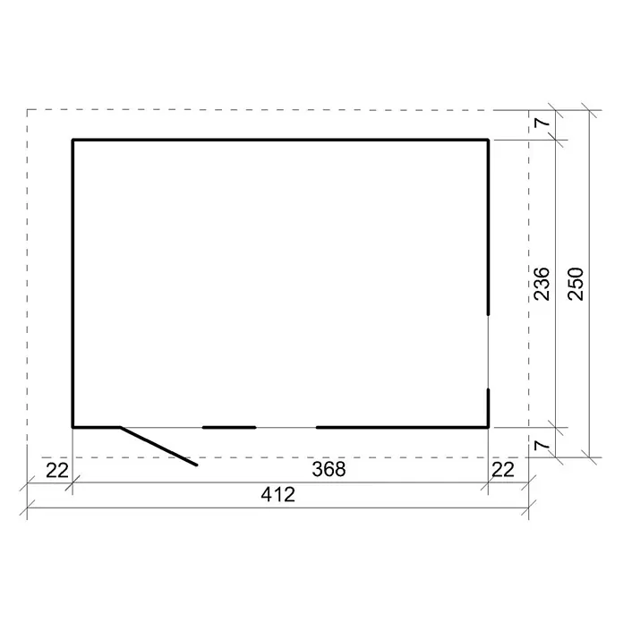 Timbela Gerätehaus M914 - Außenmaß inkl. Dachüberstand (B x T): 412 x 250 cm, Holz, Natur, Einzeltür - Grundrisszeichnung eines Gebäudes mit Maßangaben für Wände, Fenster und Türöffnungen. Die präzisen Messungen sind in Millimetern angegeben.